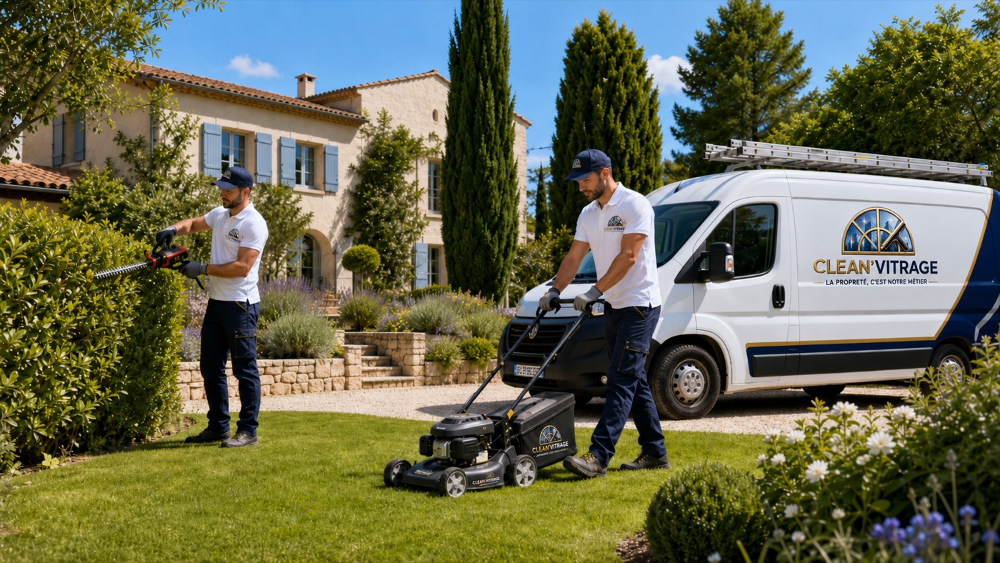 Équipe Clean'Vitrage en intervention jardin : tonte et taille de haie devant un mas méditerranéen