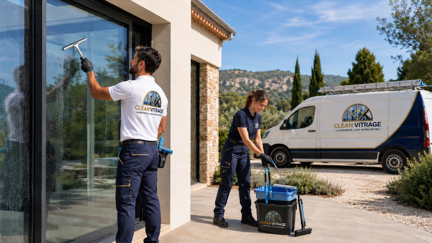Binôme Clean'Vitrage nettoyant à la raclette les baies d'une résidence collective