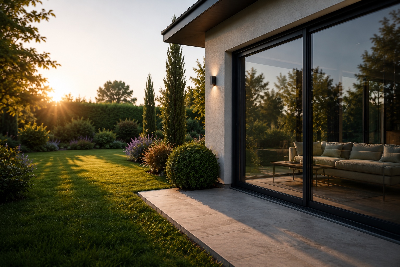 Jardin méditerranéen au coucher du soleil — pelouse tondue, lavandes et baies vitrées